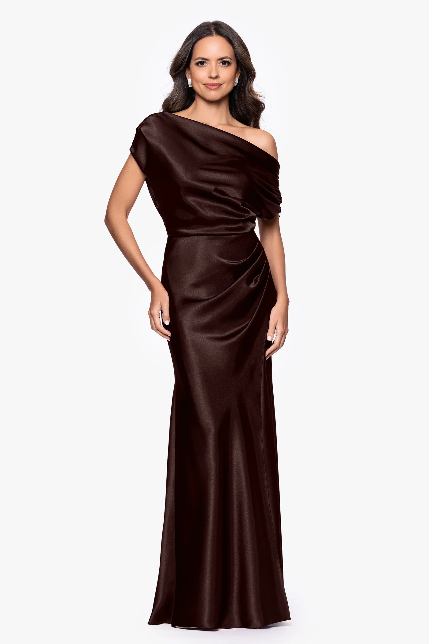 Elegant Mermaid One-Shoulder Draped Satin Formal Gown Mother of the Bride Dress