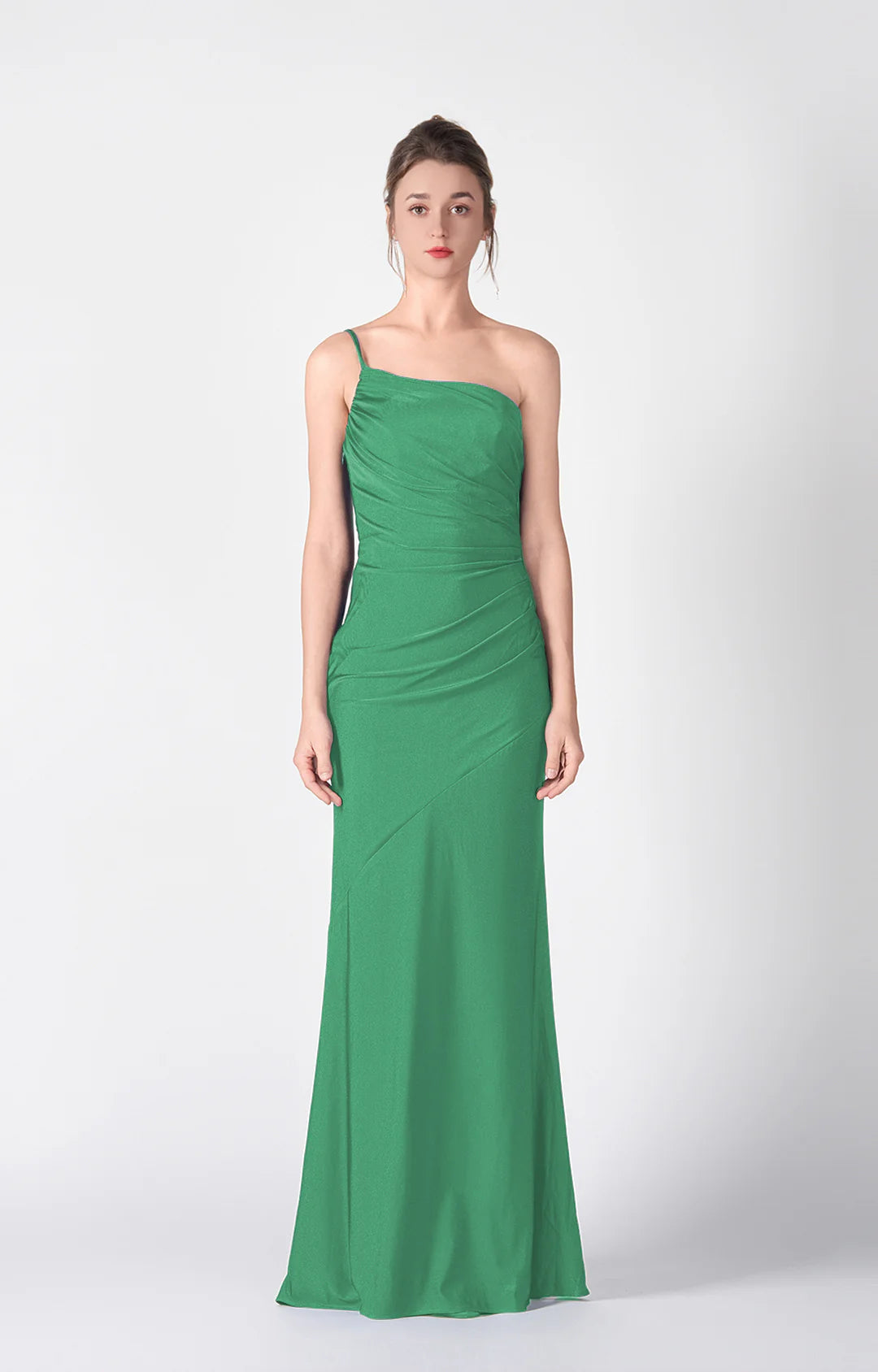 Elegant Mermaid One-Shoulder Sleeveless Satin Floor Length Wedding Guest Dress Ruched Evening Dress
