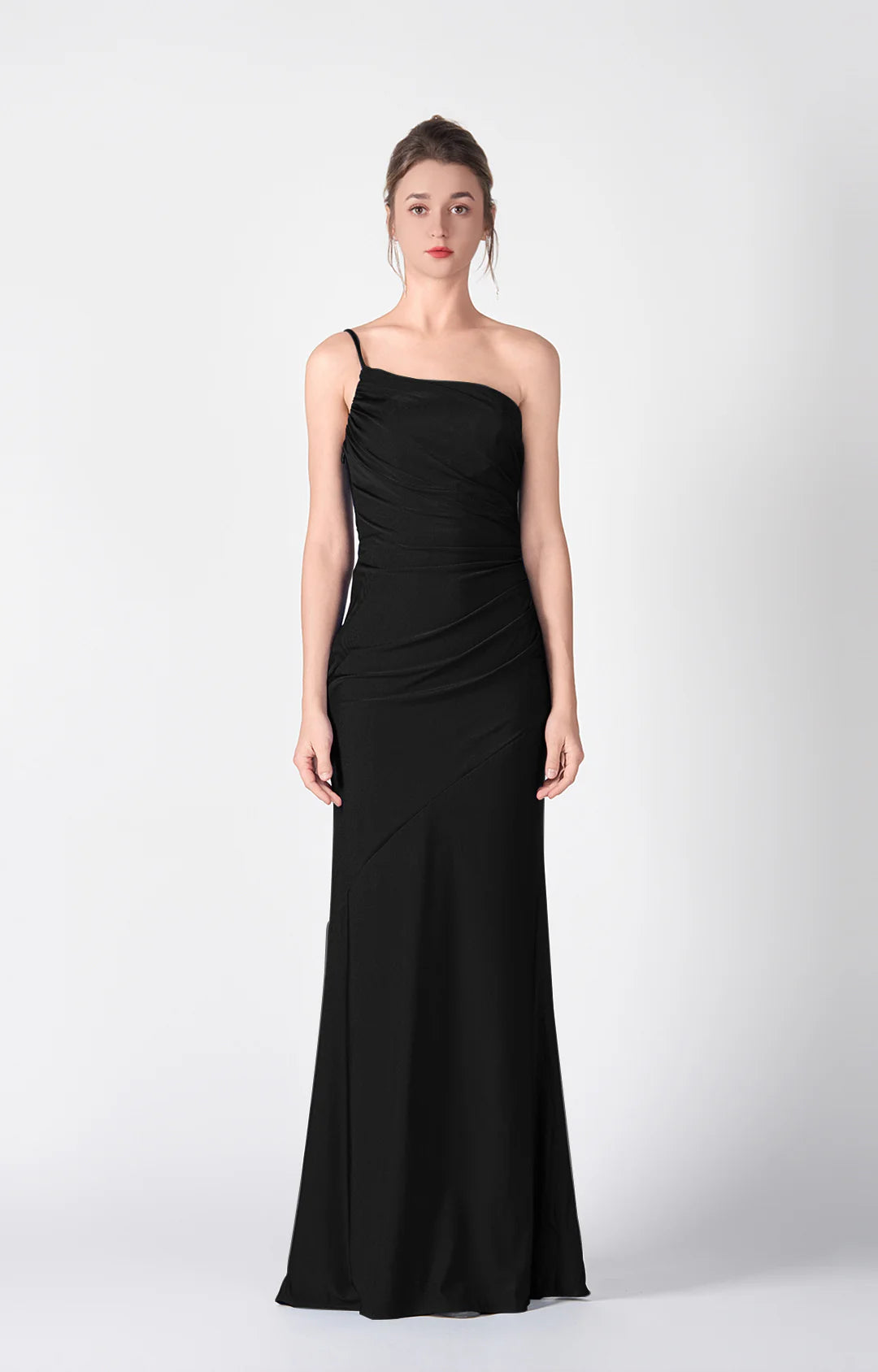 Elegant Mermaid One-Shoulder Sleeveless Satin Floor Length Wedding Guest Dress Ruched Evening Dress