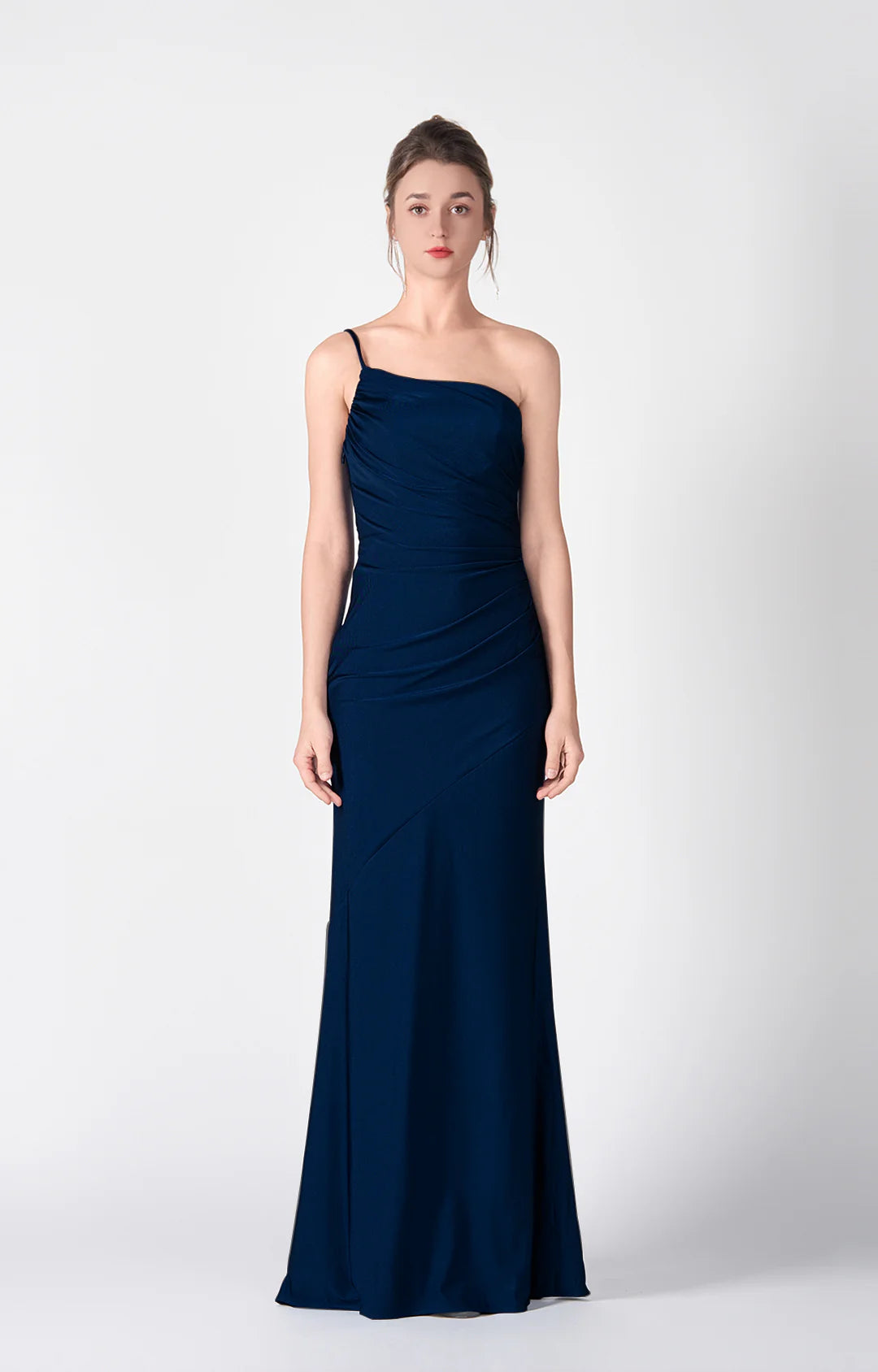Elegant Mermaid One-Shoulder Sleeveless Satin Floor Length Wedding Guest Dress Ruched Evening Dress
