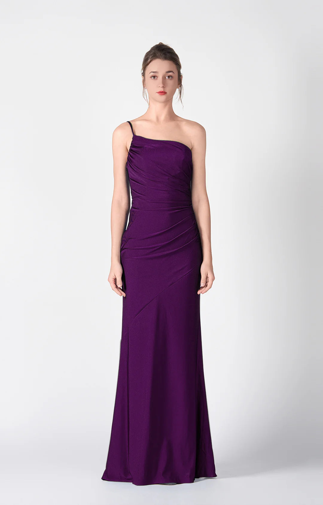 Elegant Mermaid One-Shoulder Sleeveless Satin Floor Length Wedding Guest Dress Ruched Evening Dress