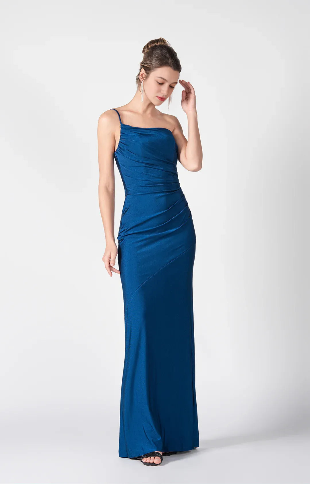 Elegant Mermaid One-Shoulder Sleeveless Satin Floor Length Wedding Guest Dress Ruched Evening Dress