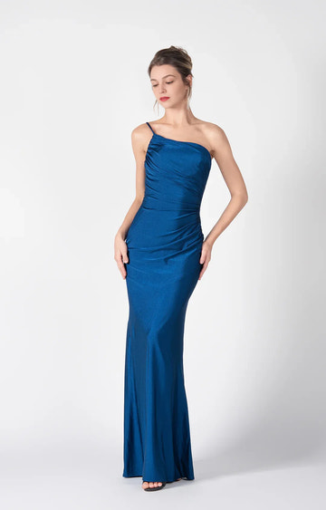 Elegant Mermaid One-Shoulder Sleeveless Satin Floor Length Wedding Guest Dress Ruched Evening Dress