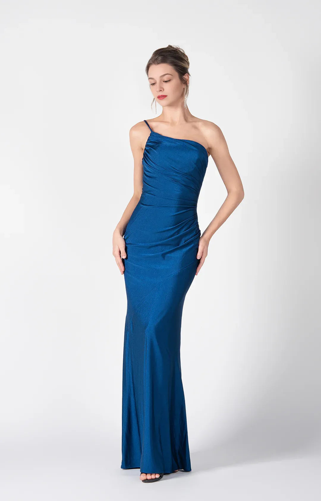 Elegant Mermaid One-Shoulder Sleeveless Satin Floor Length Wedding Guest Dress Ruched Evening Dress