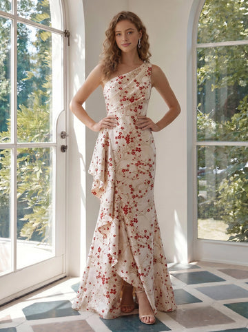 Vedress red floral print one‑shoulder ruffled mermaid long bridesmaid dress
