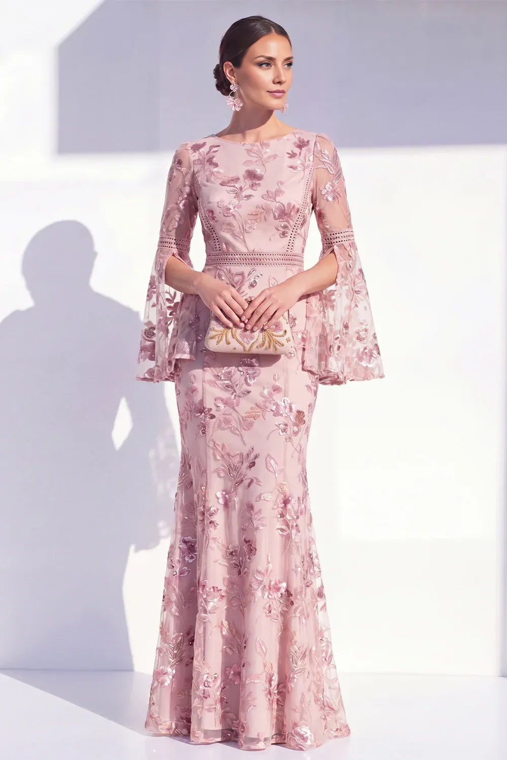 Elegant Mermaid Round-Neck Embroidered Floor-Length Bell-Sleeve Formal Dress