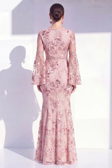 Elegant Mermaid Round-Neck Embroidered Floor-Length Bell-Sleeve Formal Dress