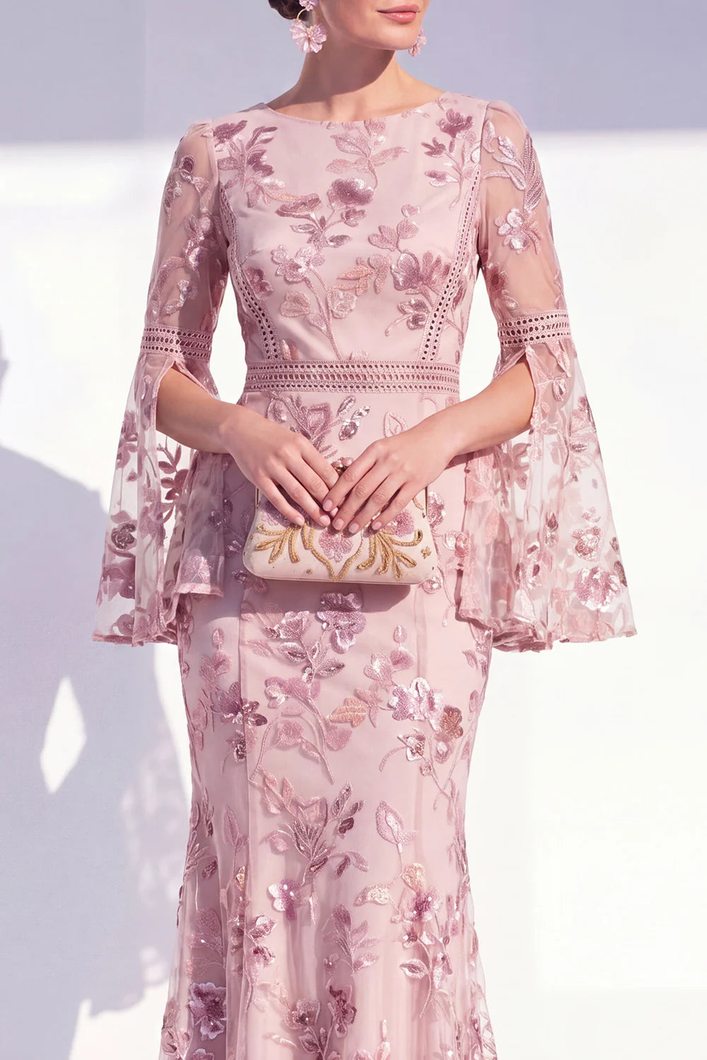 Elegant Mermaid Round-Neck Embroidered Floor-Length Bell-Sleeve Formal Dress