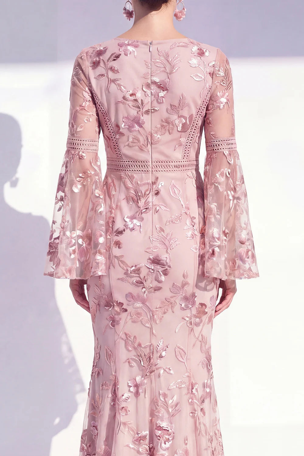 Elegant Mermaid Round-Neck Embroidered Floor-Length Bell-Sleeve Formal Dress