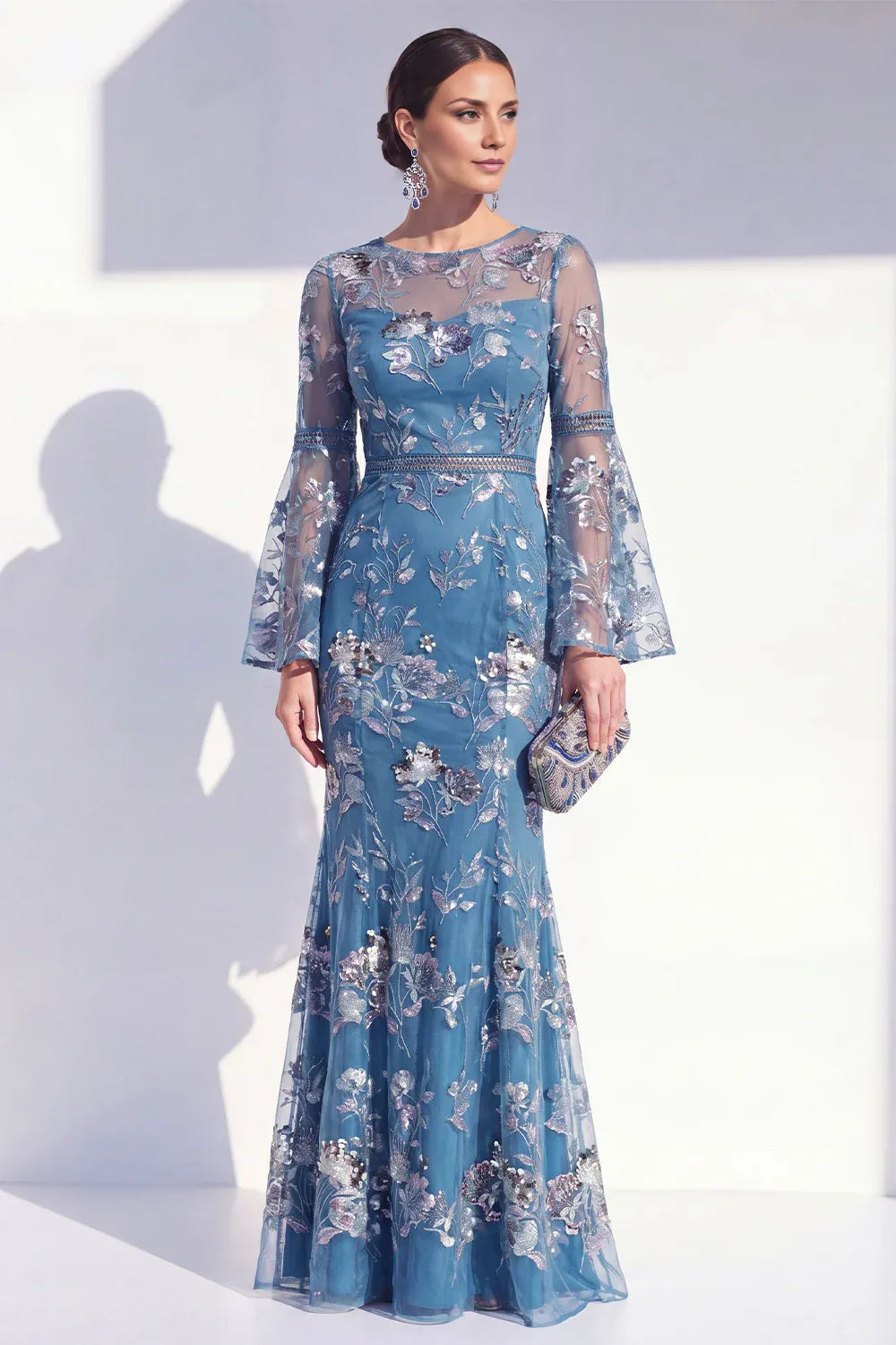 Elegant Mermaid Round-Neck Embroidered Floor-Length Bell-Sleeve Formal Dress