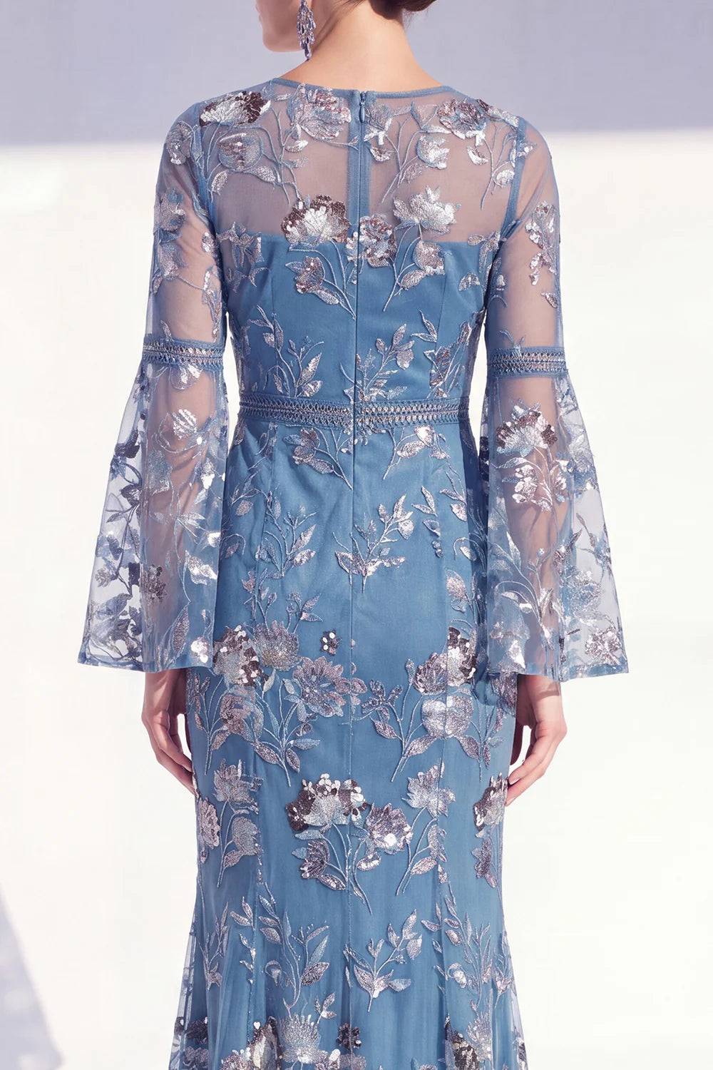 Elegant Mermaid Round-Neck Embroidered Floor-Length Bell-Sleeve Formal Dress