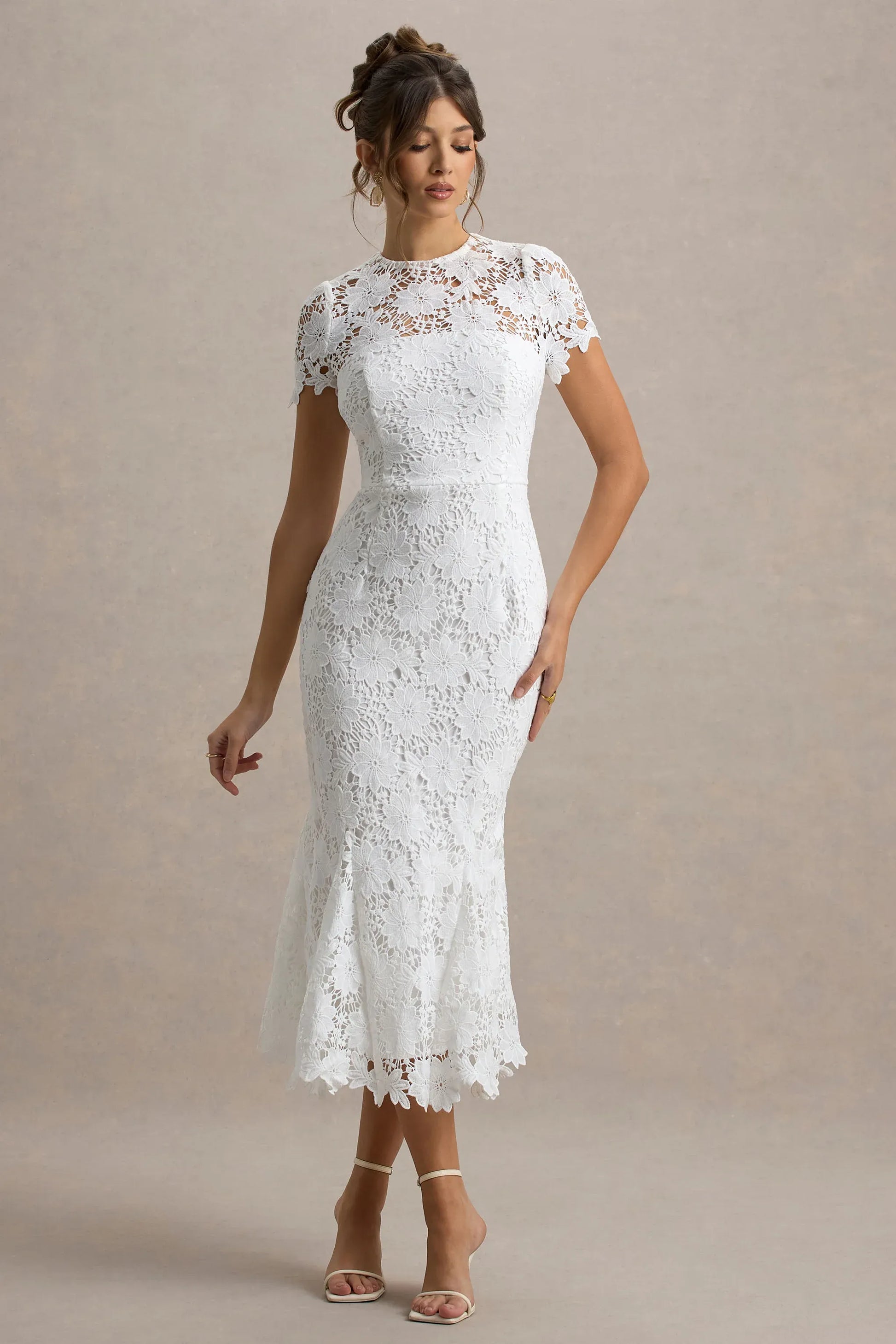 Elegant Mermaid Round-neck Short-sleeve Lace Midi Scalloped-hem Cocktail Dress