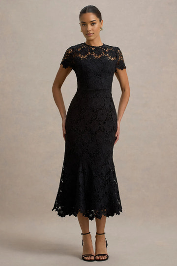 Elegant Mermaid Round-neck Short-sleeve Lace Midi Scalloped-hem Cocktail Dress