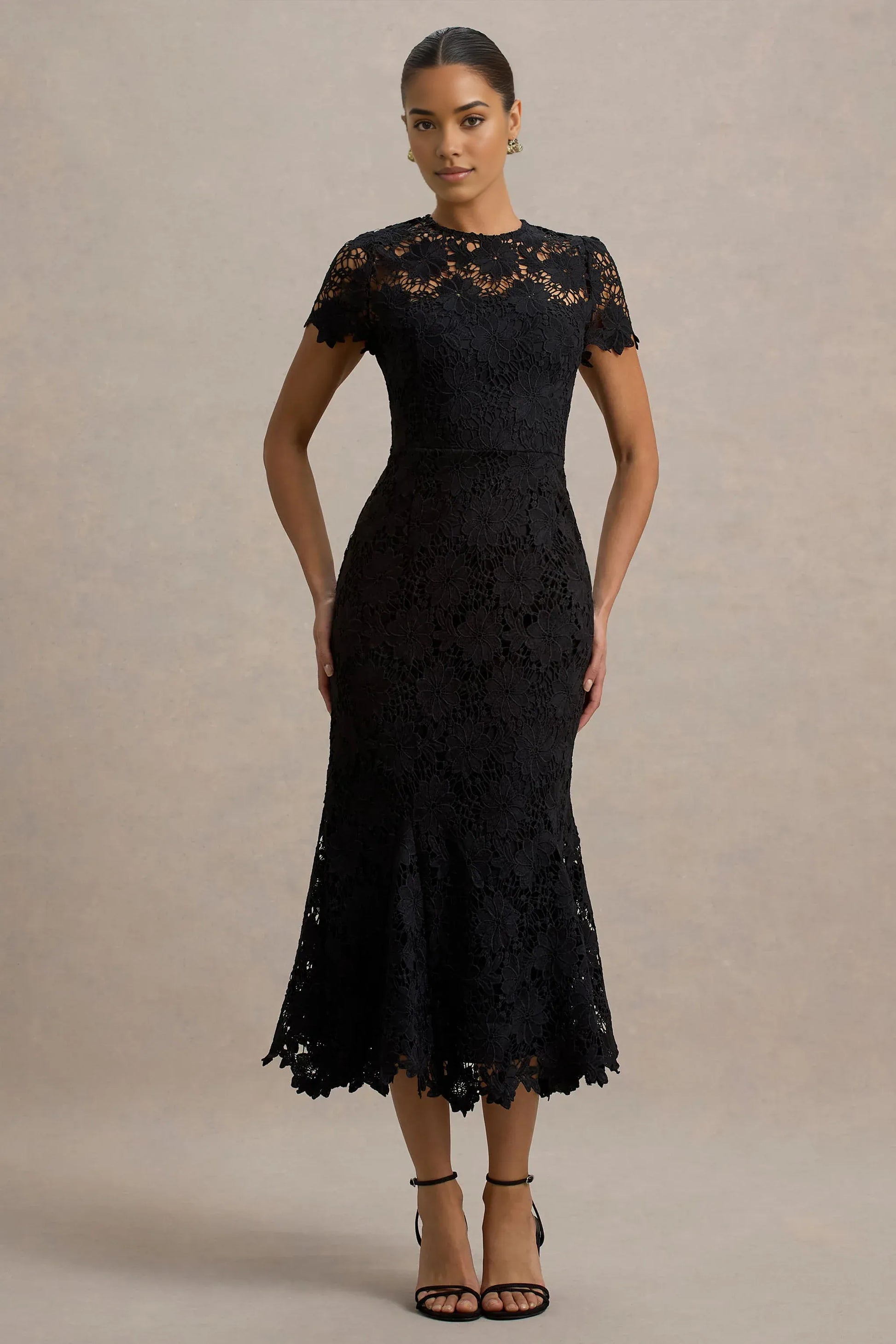 Elegant Mermaid Round-neck Short-sleeve Lace Midi Scalloped-hem Cocktail Dress