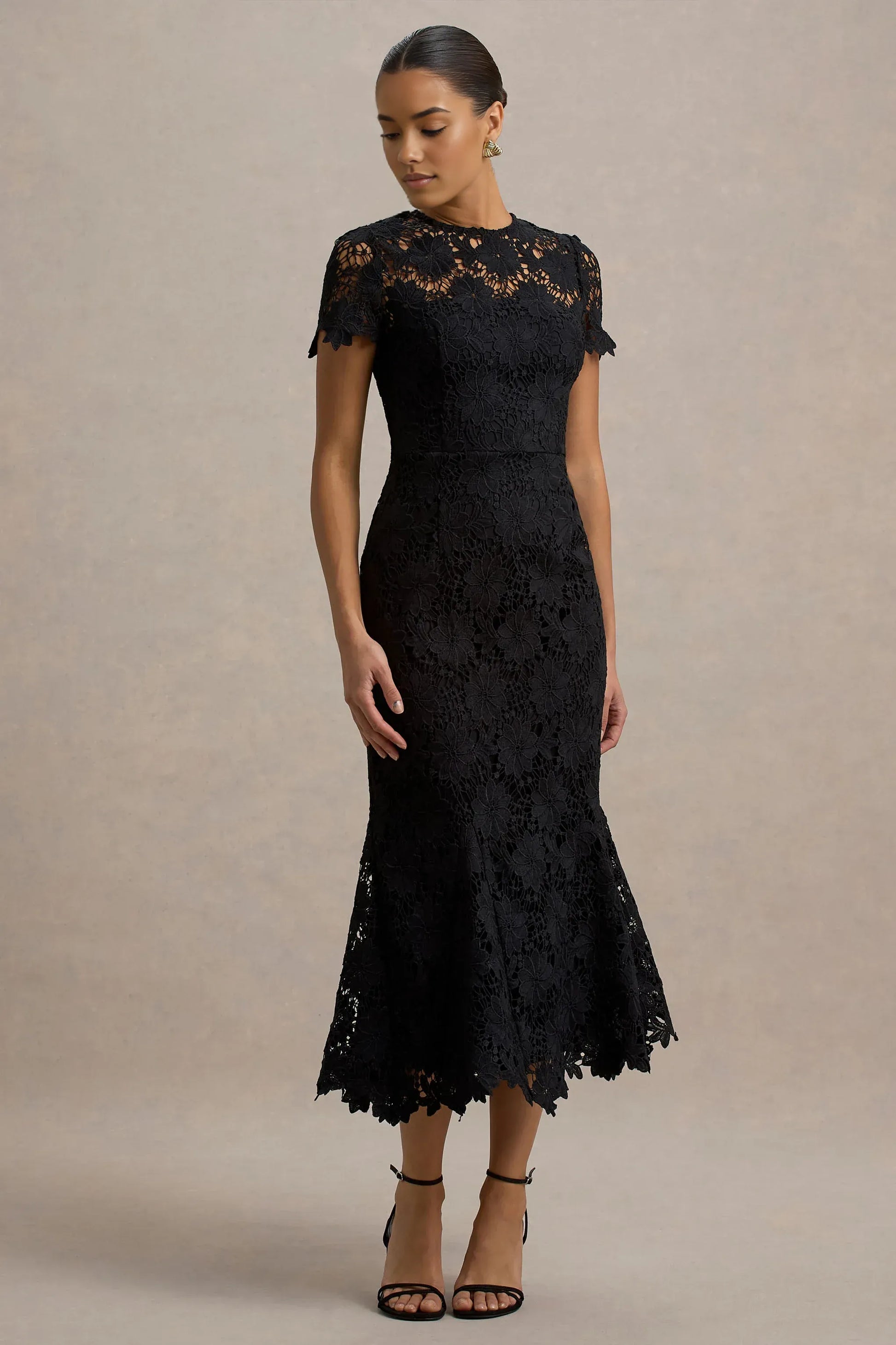 Elegant Mermaid Round-neck Short-sleeve Lace Midi Scalloped-hem Cocktail Dress