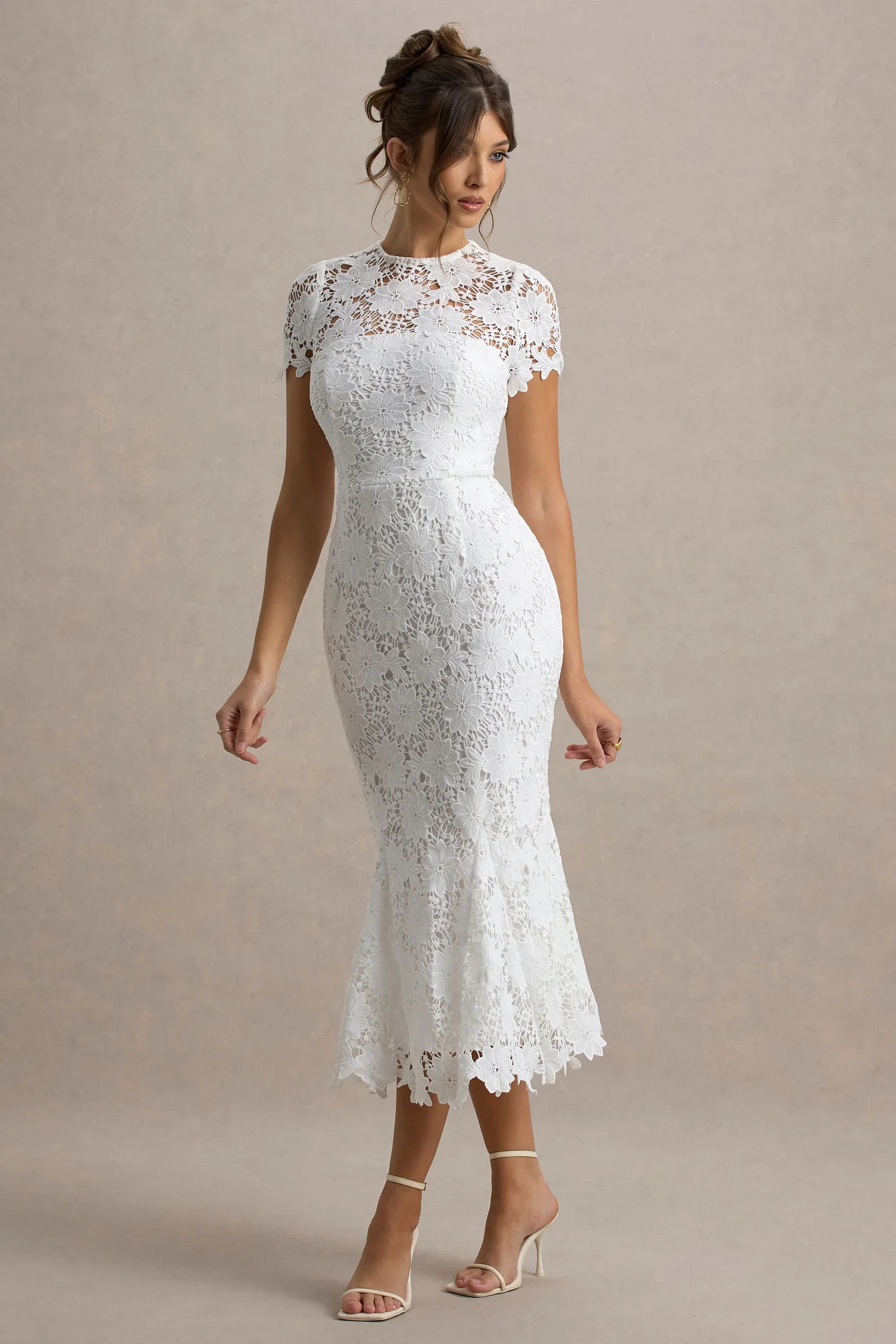Elegant Mermaid Round-neck Short-sleeve Lace Midi Scalloped-hem Cocktail Dress