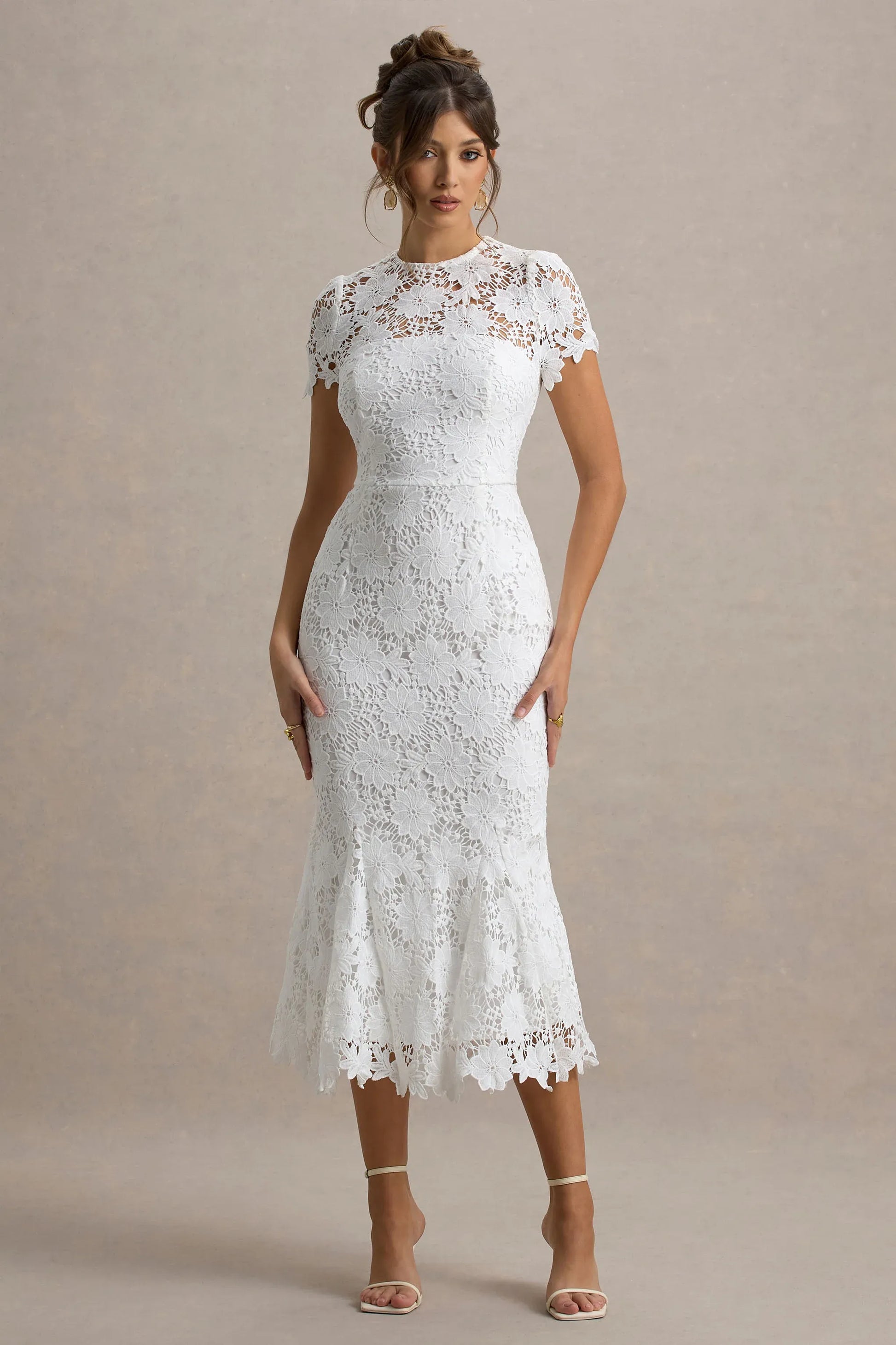 Elegant Mermaid Round-neck Short-sleeve Lace Midi Scalloped-hem Cocktail Dress