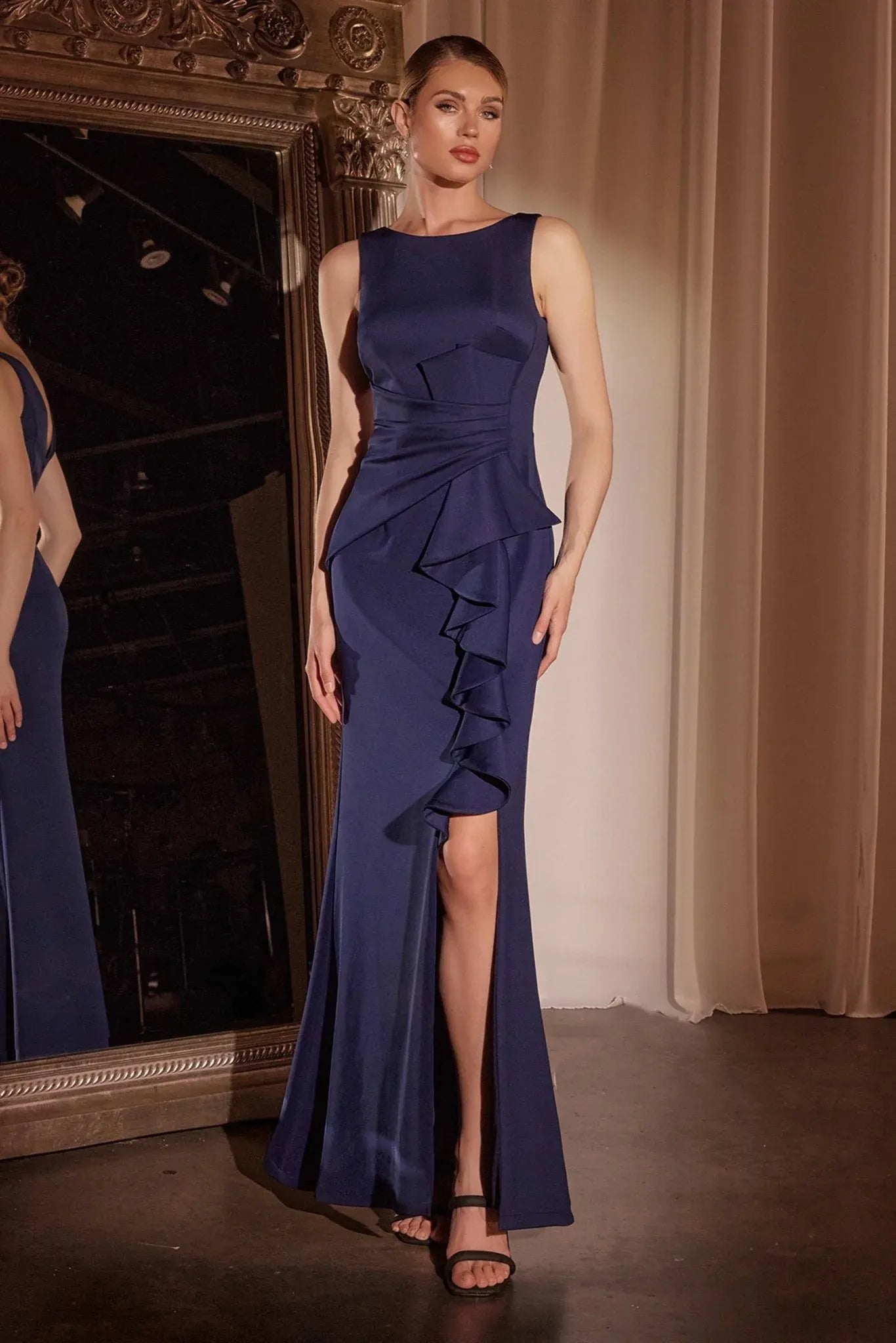 Elegant Mermaid Round-neck Sleeveless Satin Floor-length Ruffled Slit Evening Gown