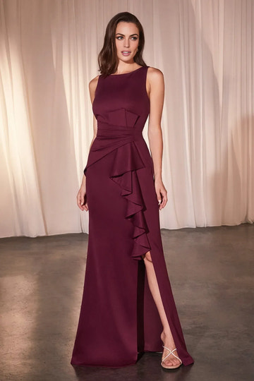 Elegant Mermaid Round-neck Sleeveless Satin Floor-length Ruffled Slit Evening Gown