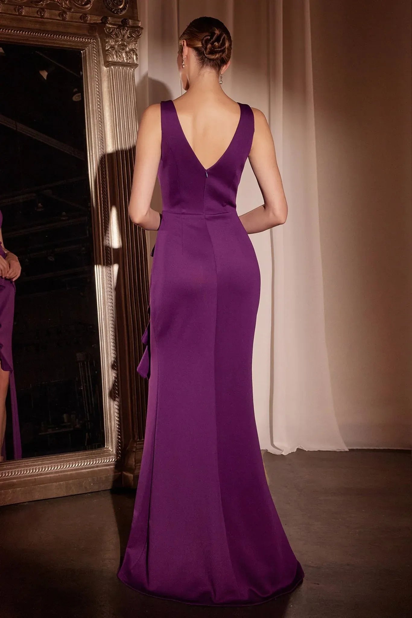 Elegant Mermaid Round-neck Sleeveless Satin Floor-length Ruffled Slit Evening Gown