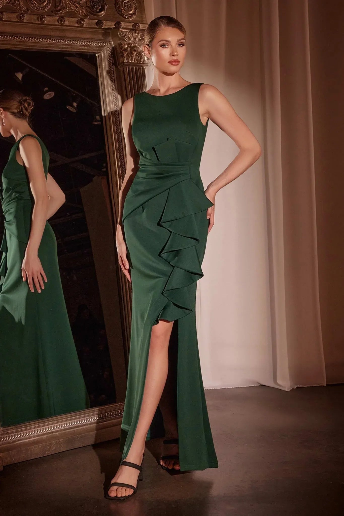 Elegant Mermaid Round-neck Sleeveless Satin Floor-length Ruffled Slit Evening Gown