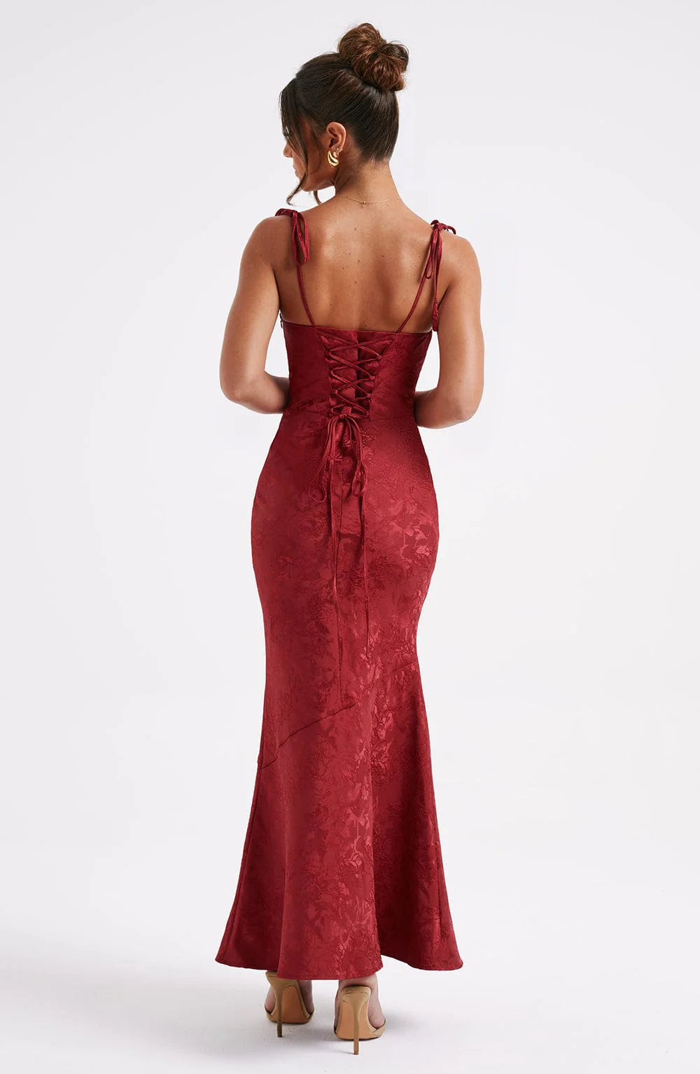 Elegant Mermaid Square Neck Sleeveless Jacquard Maxi Tie Strap Lace Up Evening Gown