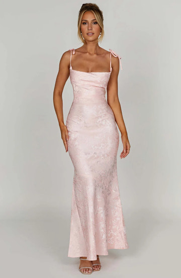 Elegant Mermaid Square Neck Sleeveless Jacquard Maxi Tie Strap Lace Up Evening Gown