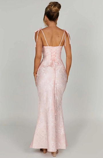Elegant Mermaid Square Neck Sleeveless Jacquard Maxi Tie Strap Lace Up Evening Gown