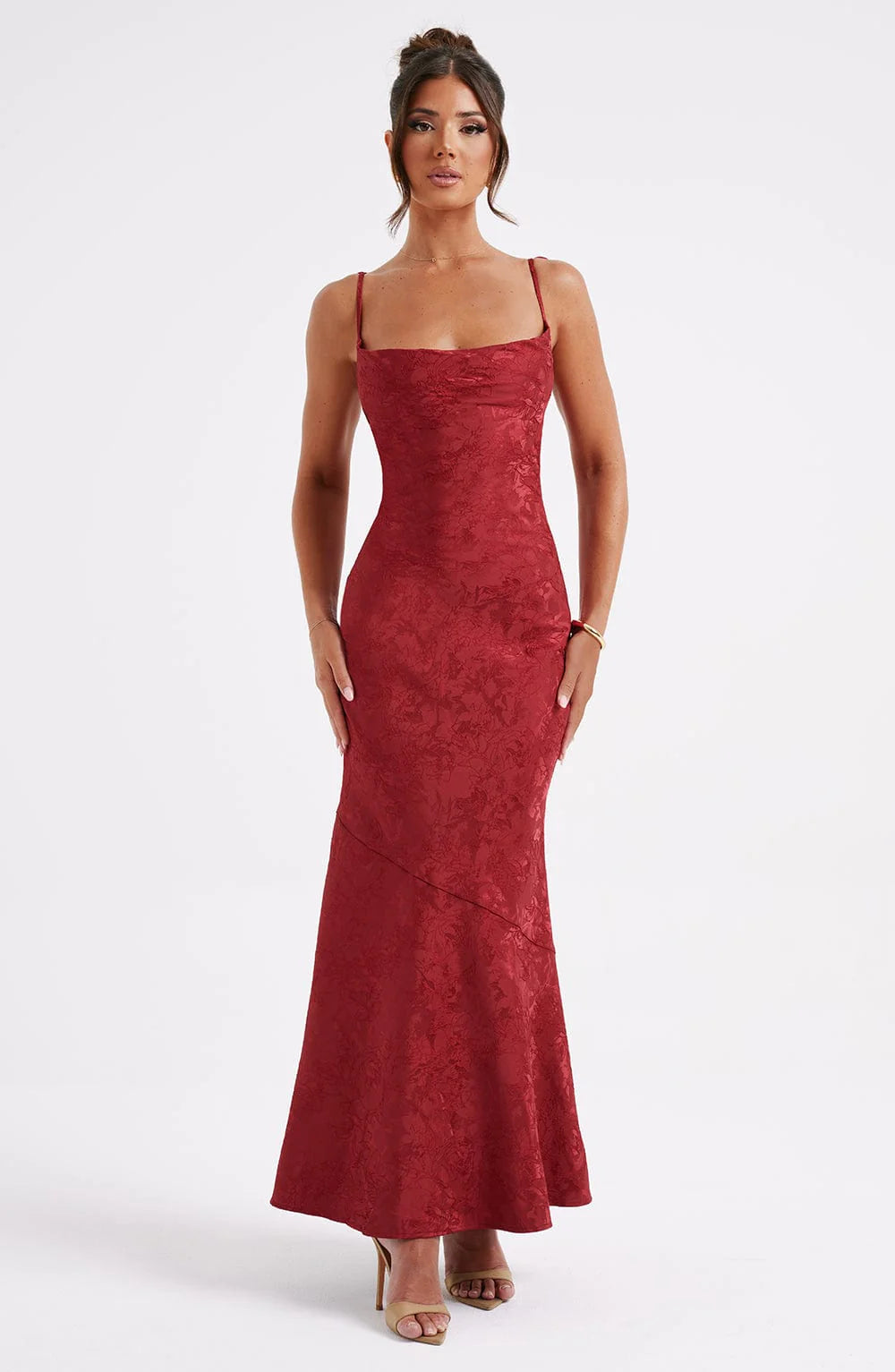 Elegant Mermaid Square Neck Sleeveless Jacquard Maxi Tie Strap Lace Up Evening Gown