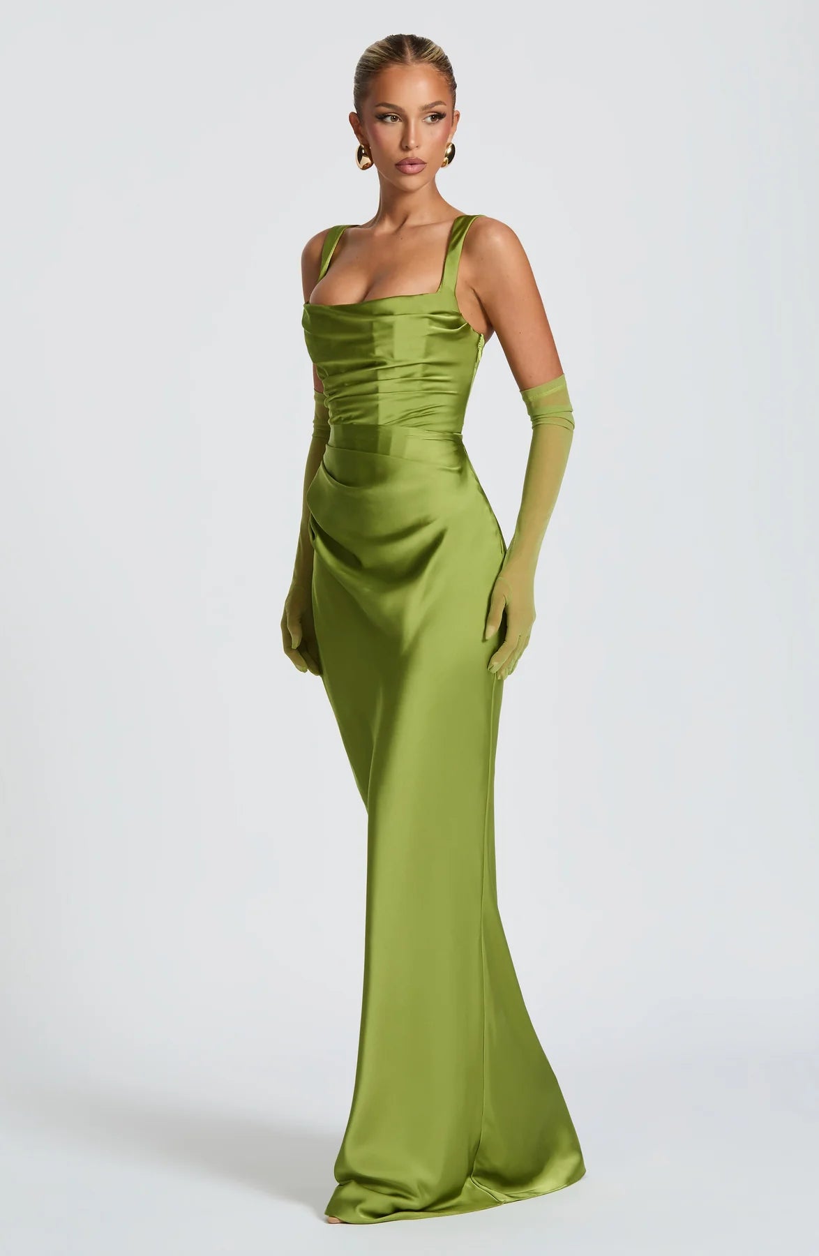 Elegant Mermaid Square Neck Sleeveless Satin Maxi Ruched Lace Up Evening Gown
