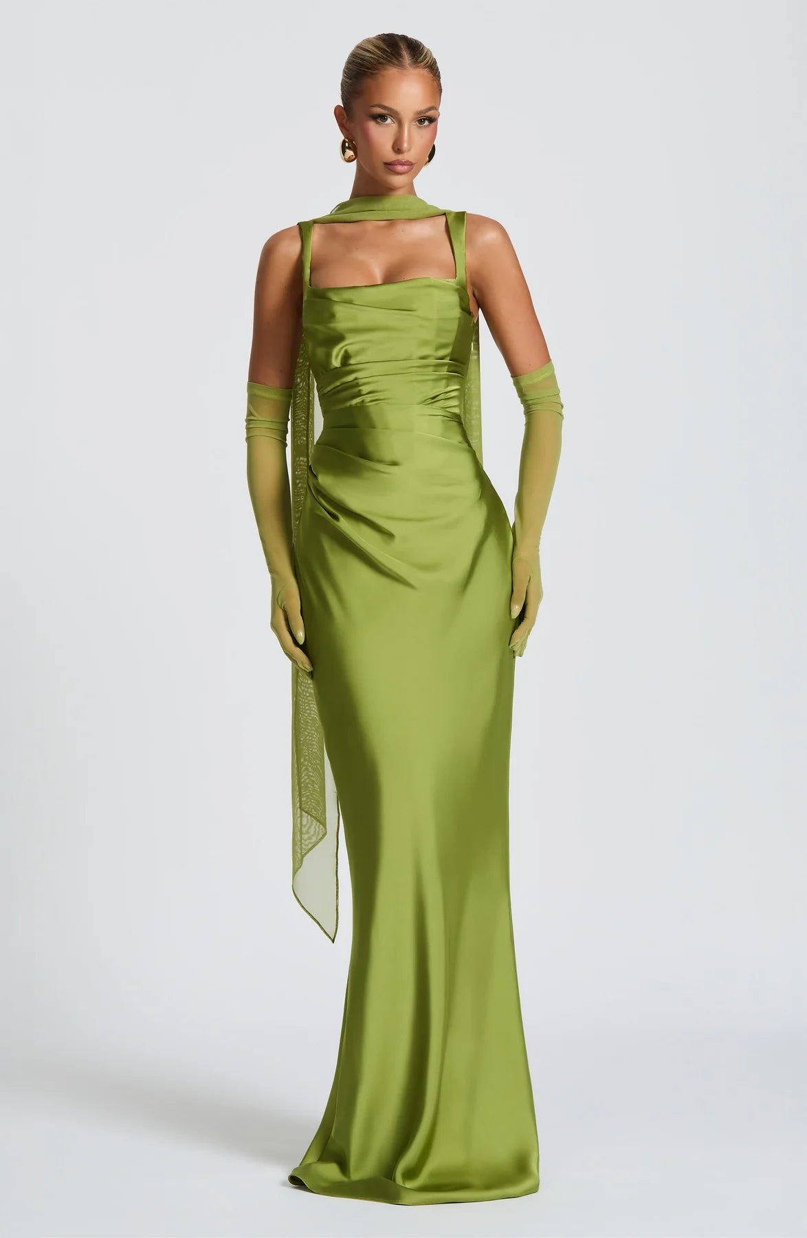 Elegant Mermaid Square Neck Sleeveless Satin Maxi Ruched Lace Up Evening Gown