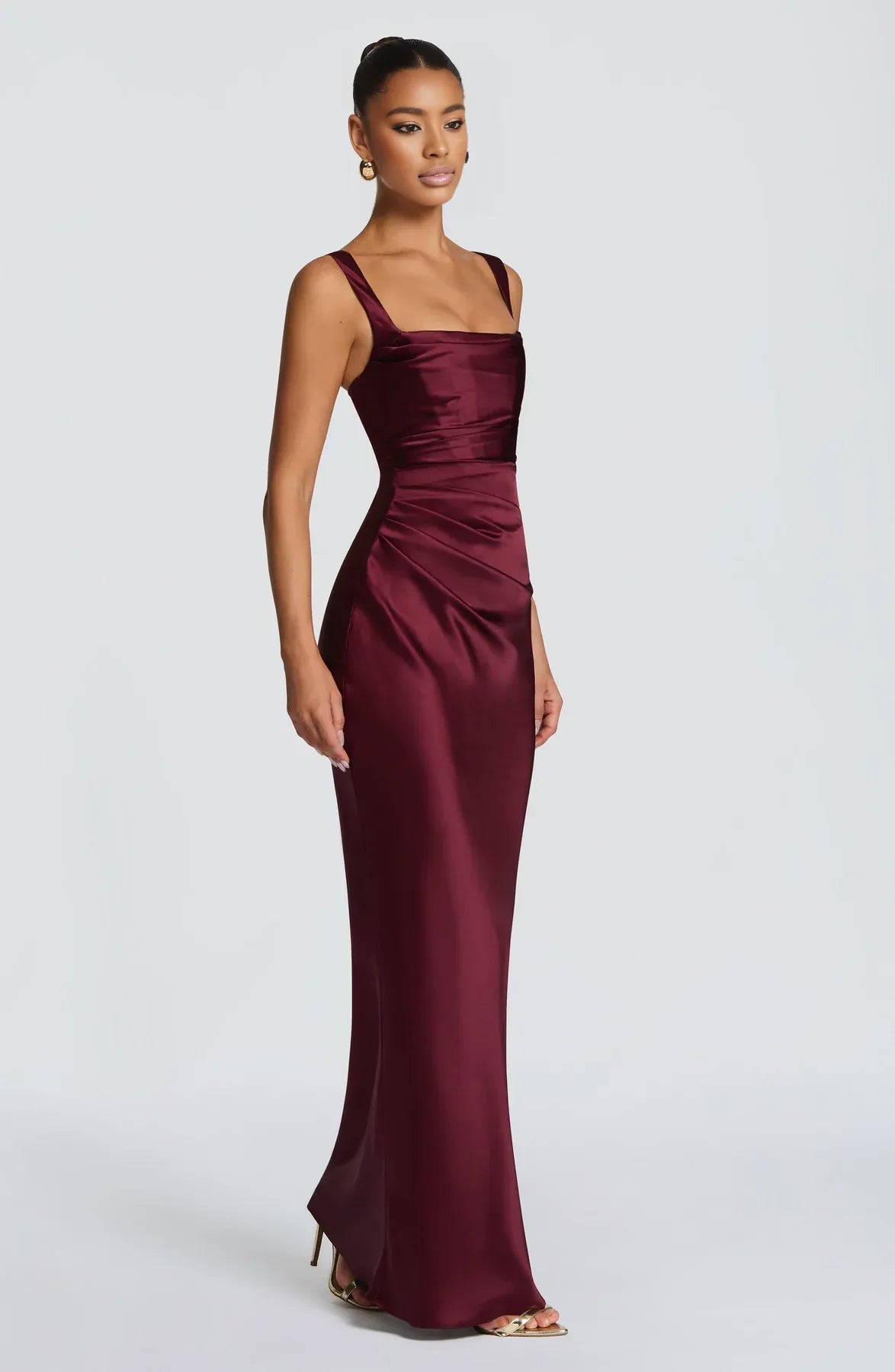 Elegant Mermaid Square Neck Sleeveless Satin Maxi Ruched Lace Up Evening Gown