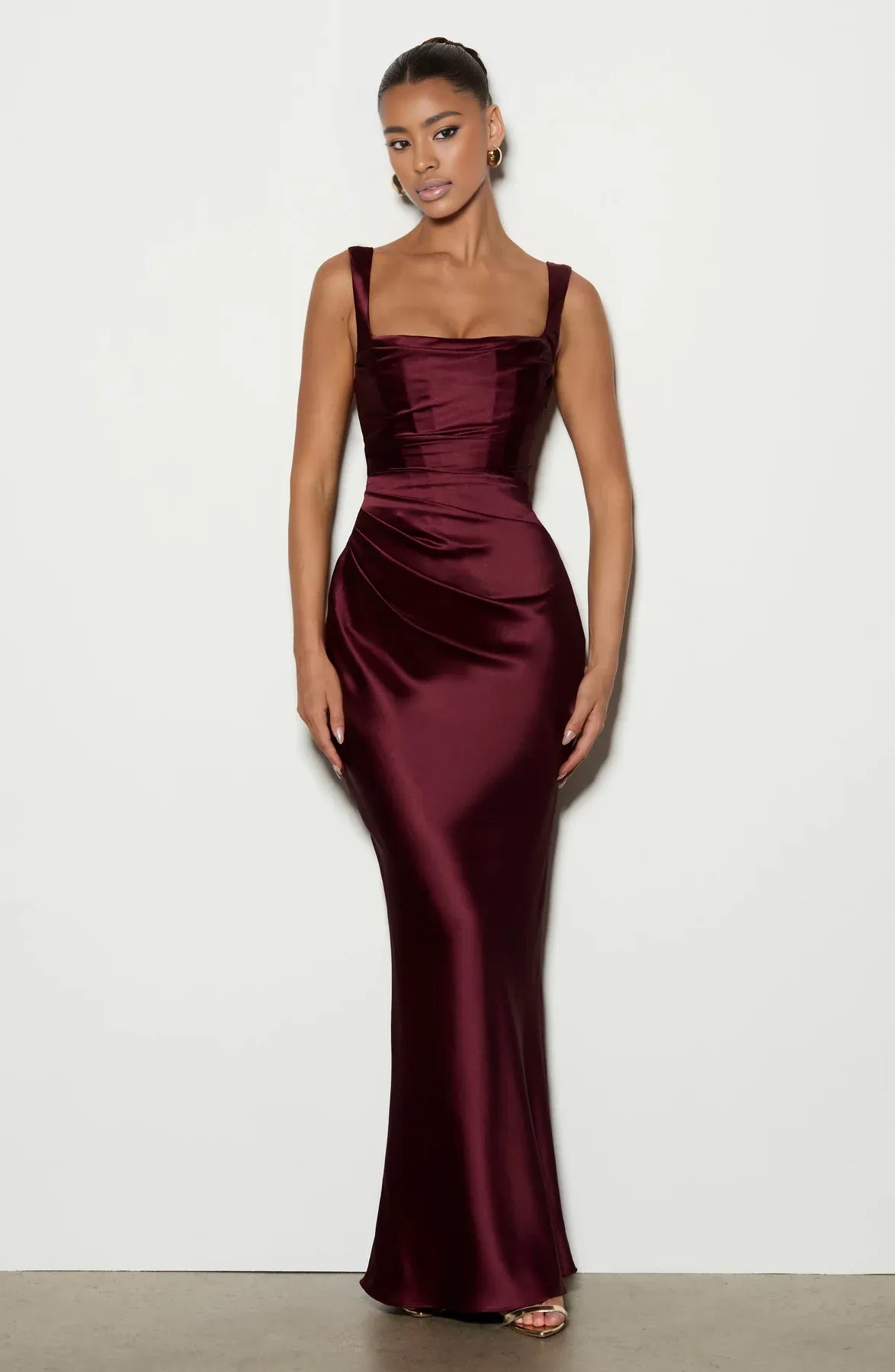 Elegant Mermaid Square Neck Sleeveless Satin Maxi Ruched Lace Up Evening Gown