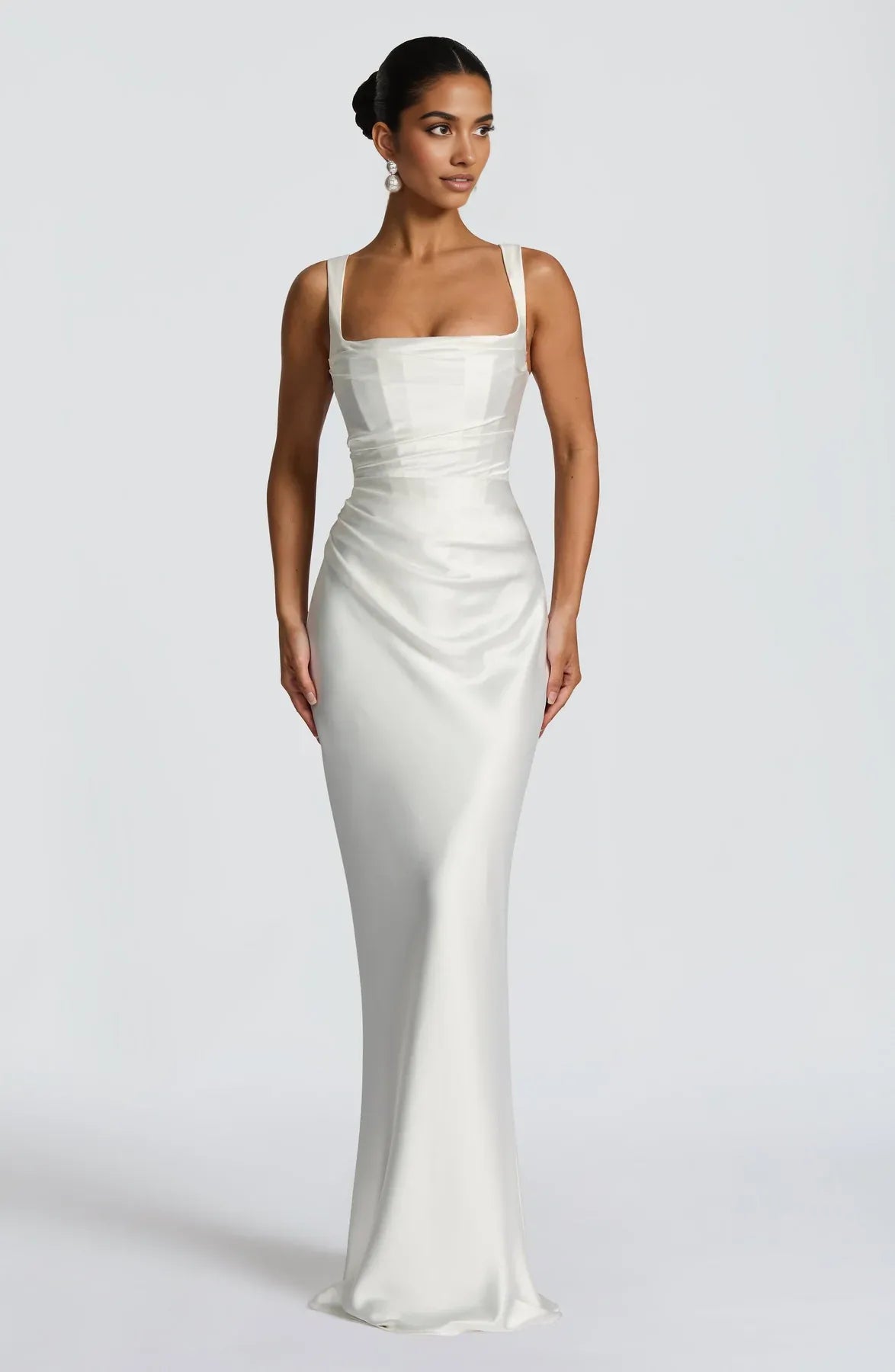 Elegant Mermaid Square Neck Sleeveless Satin Maxi Ruched Lace Up Evening Gown