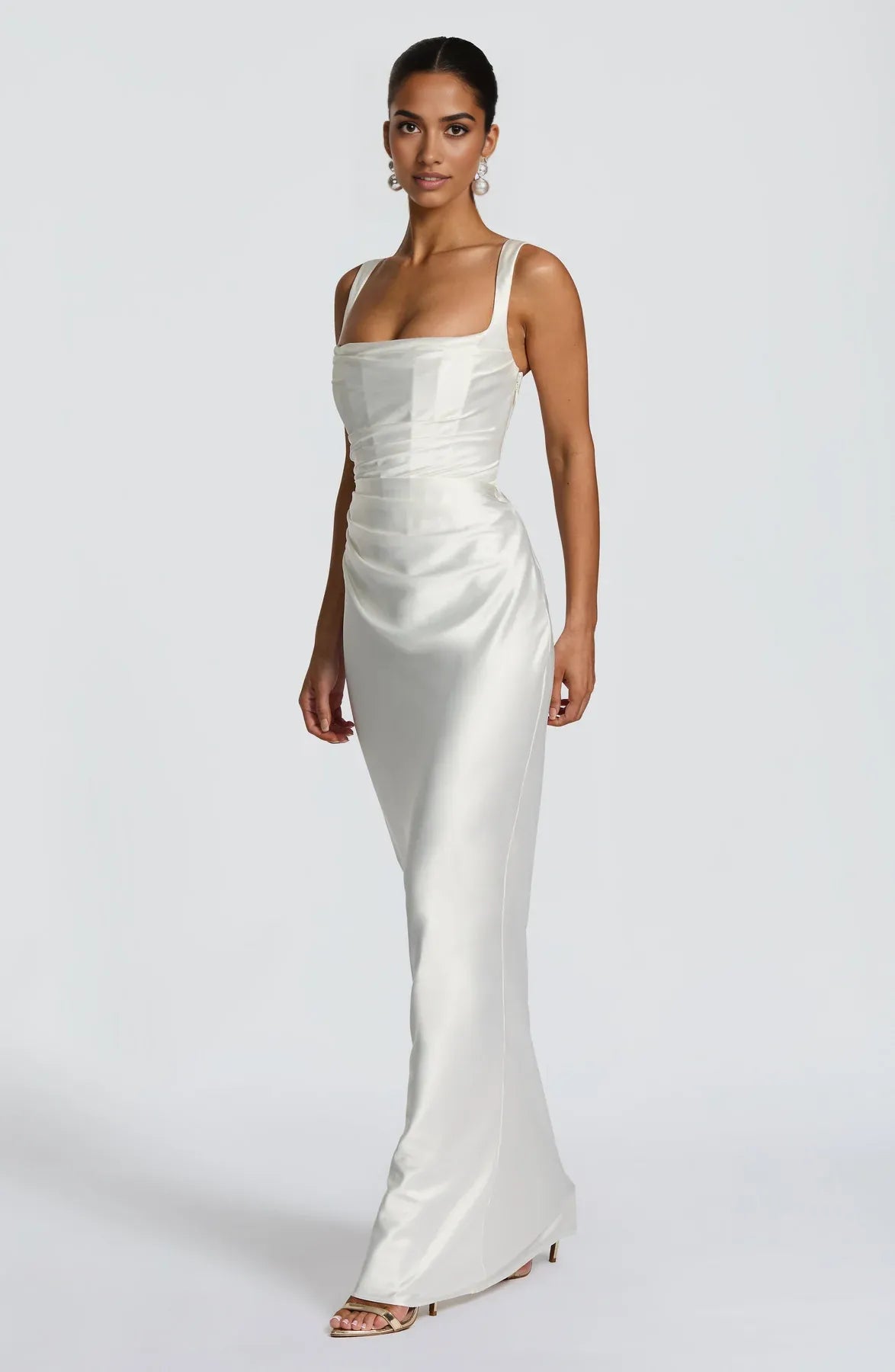 Elegant Mermaid Square Neck Sleeveless Satin Maxi Ruched Lace Up Evening Gown