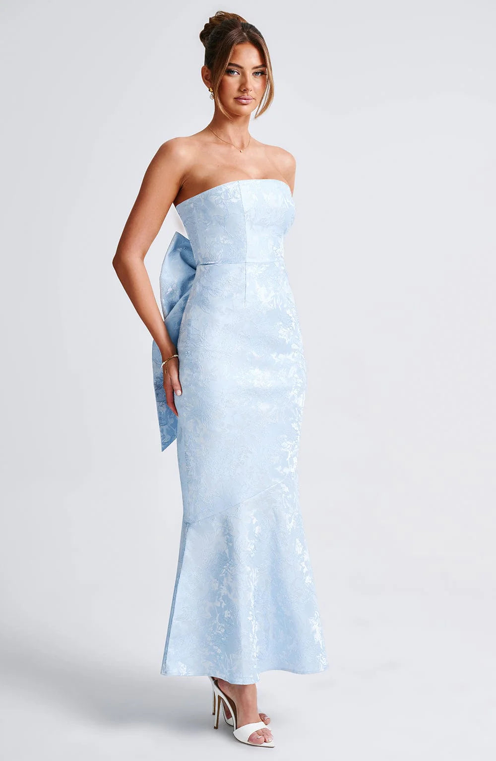 Elegante Vestido de Fiesta Largo con Lazo, Jacquard, Tipo Sirena, sin Tirantes