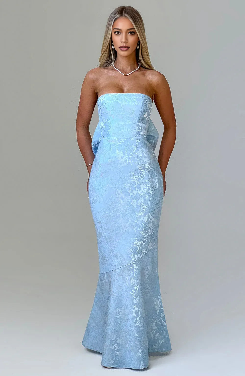 Elegante Vestido de Fiesta Largo con Lazo, Jacquard, Tipo Sirena, sin Tirantes