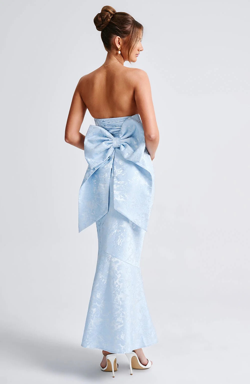 Elegante Vestido de Fiesta Largo con Lazo, Jacquard, Tipo Sirena, sin Tirantes