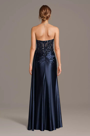 Elegant Mermaid Strapless Satin Long Beaded Applique Evening Dress