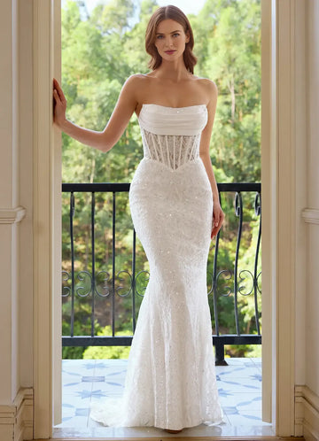 Elegant Mermaid Strapless Sequin Lace Corset Embroidery Mermaid Evening Dress