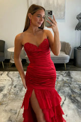 Elegant Mermaid Sweetheart Sleeveless Tulle Long Ruched Slit Lace-up Prom Dress