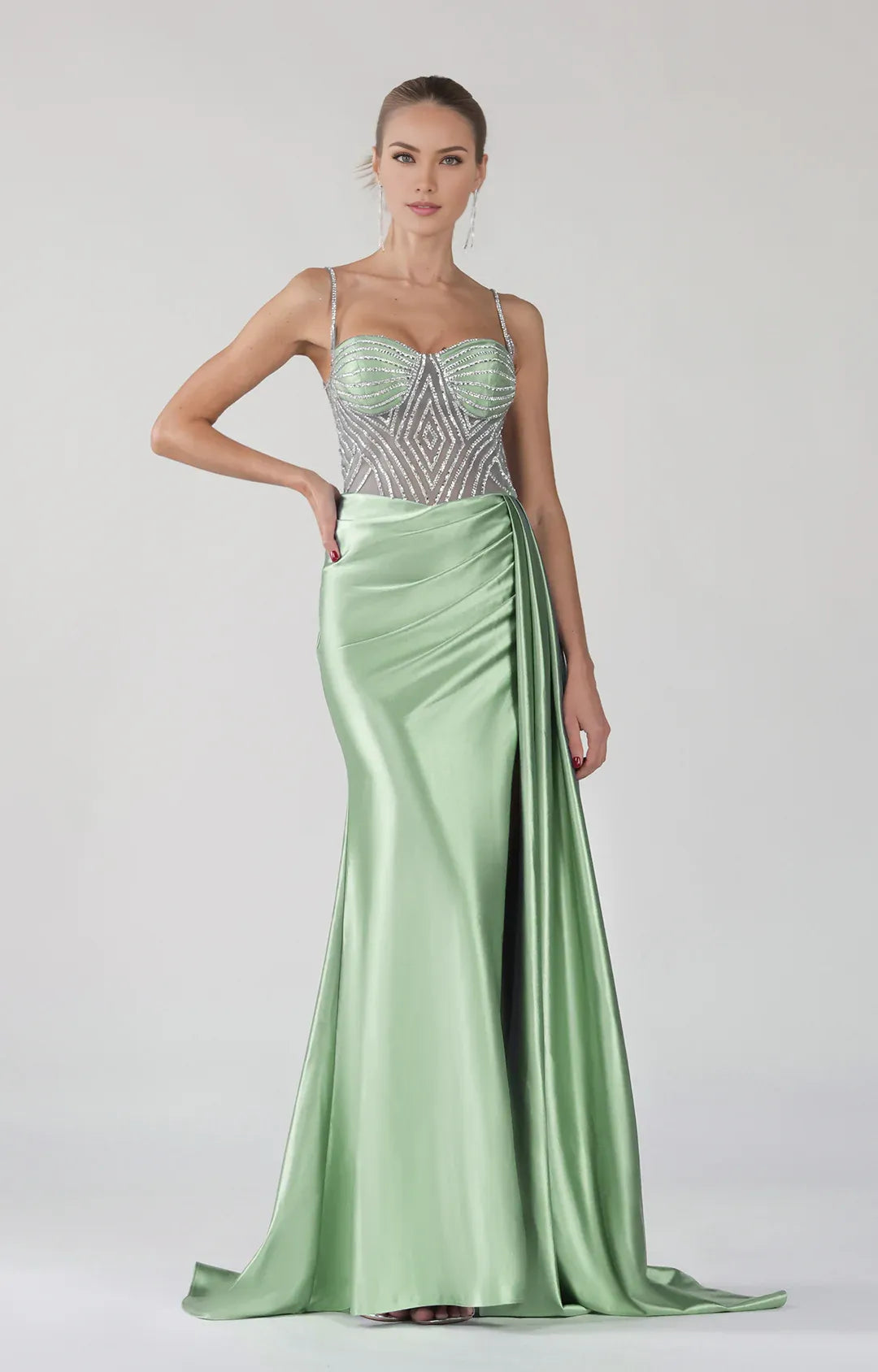Elegant Mermaid Sweetheart Spaghetti Satin Floor-length Beaded Slit Evening Gown
