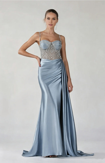 Elegant Mermaid Sweetheart Spaghetti Satin Floor-length Beaded Slit Evening Gown