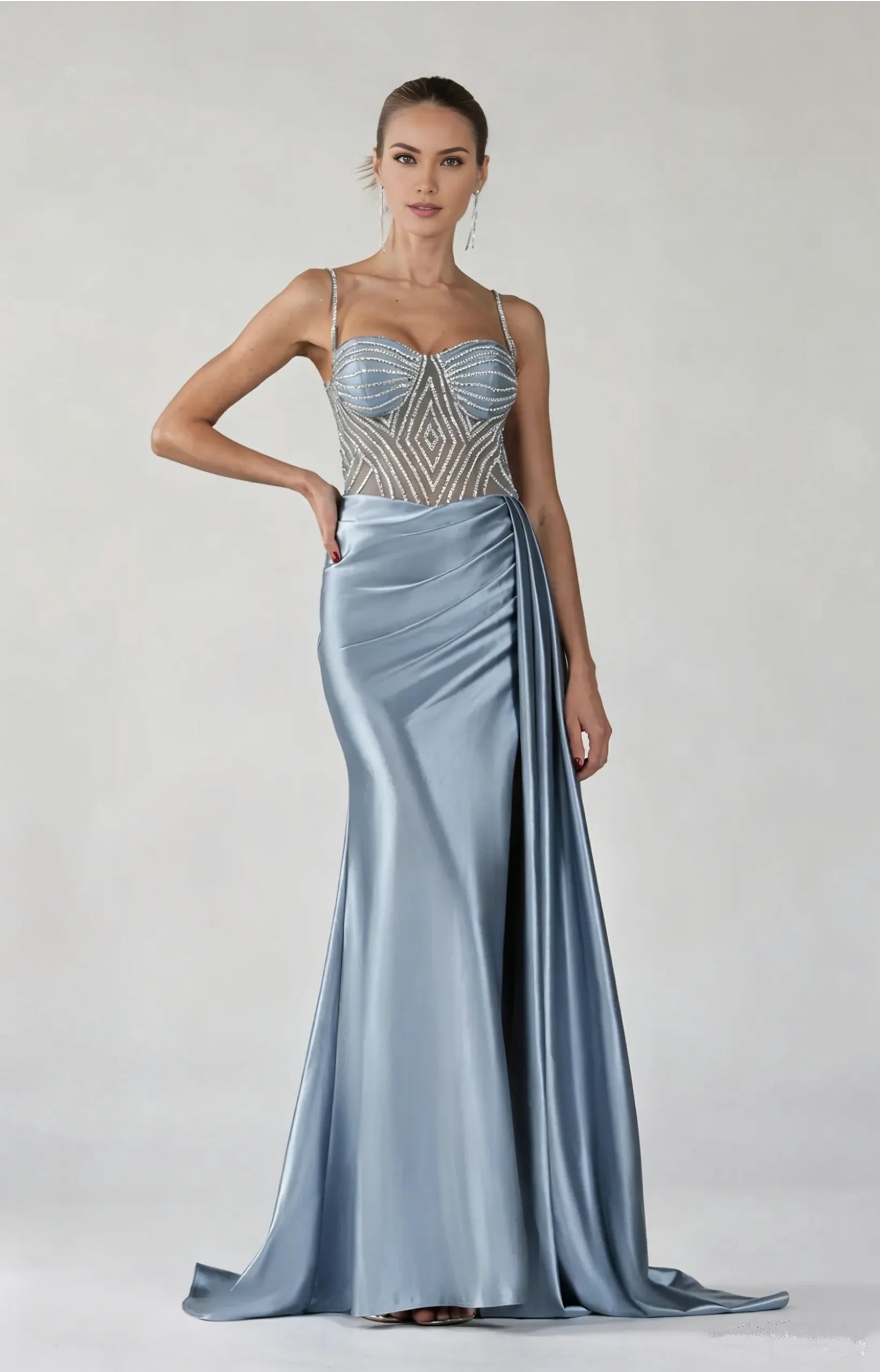 Elegant Mermaid Sweetheart Spaghetti Satin Floor-length Beaded Slit Evening Gown