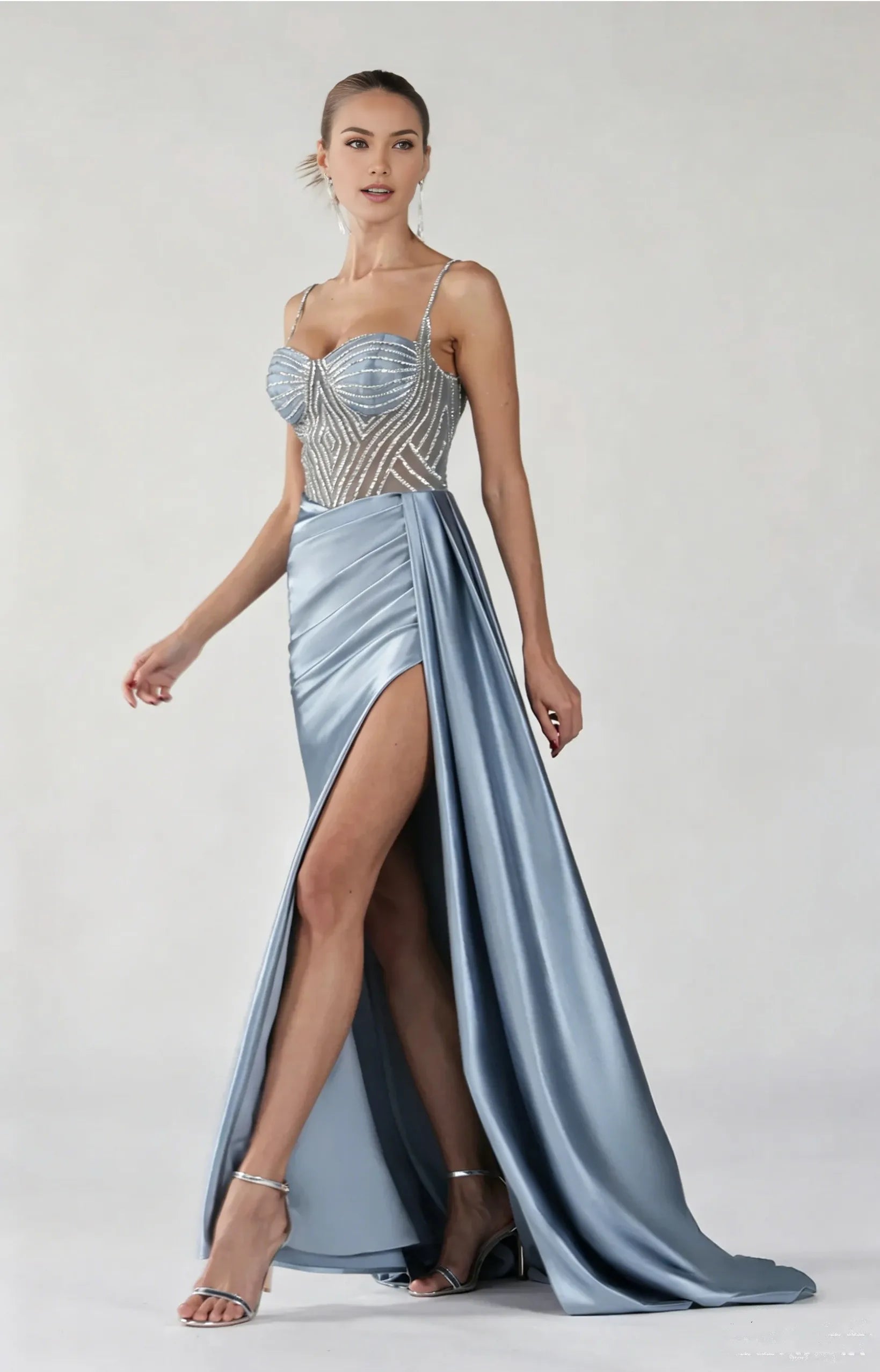 Elegant Mermaid Sweetheart Spaghetti Satin Floor-length Beaded Slit Evening Gown