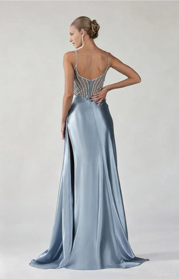 Elegant Mermaid Sweetheart Spaghetti Satin Floor-length Beaded Slit Evening Gown