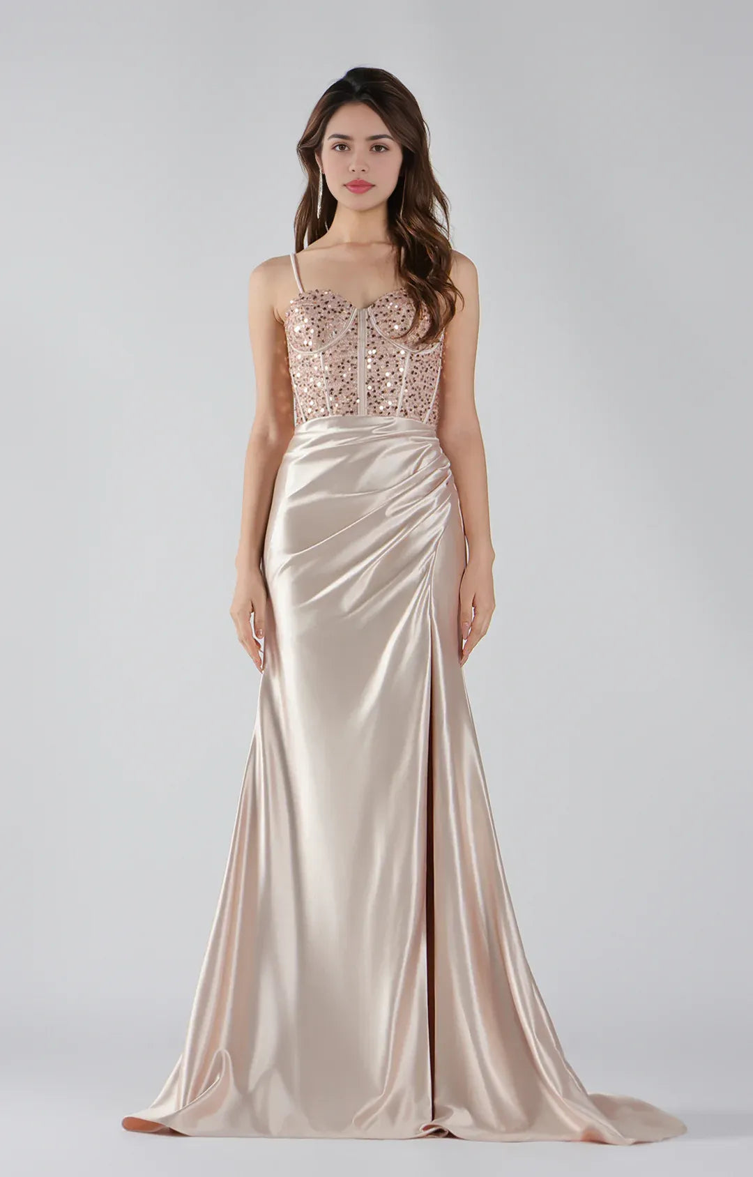 Elegant Mermaid Sweetheart Spaghetti Satin Floor-length Sequin Corset Slit Lace-up Evening Gown