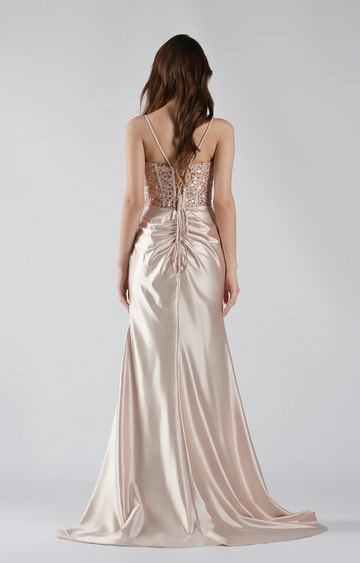 Elegant Mermaid Sweetheart Spaghetti Satin Floor-length Sequin Corset Slit Lace-up Evening Gown