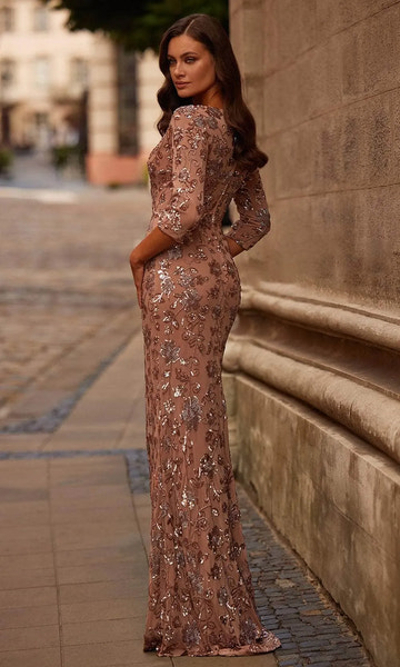 Elegant Mermaid V Neck Tulle Floor Length Sequin Evening Gown