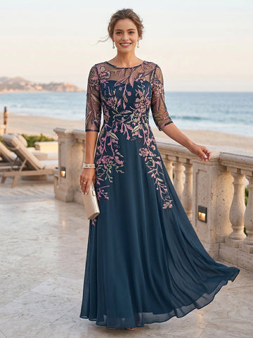 vedress navy a line mother of the bride dress illusion round neck 3/4 sleeve colorful floral embroidery gown